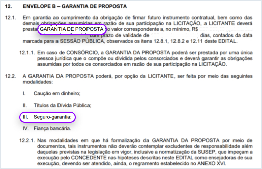 Exemplo de edital para propostas de licitação, exigindo garantia da empresa prestadora do serviço